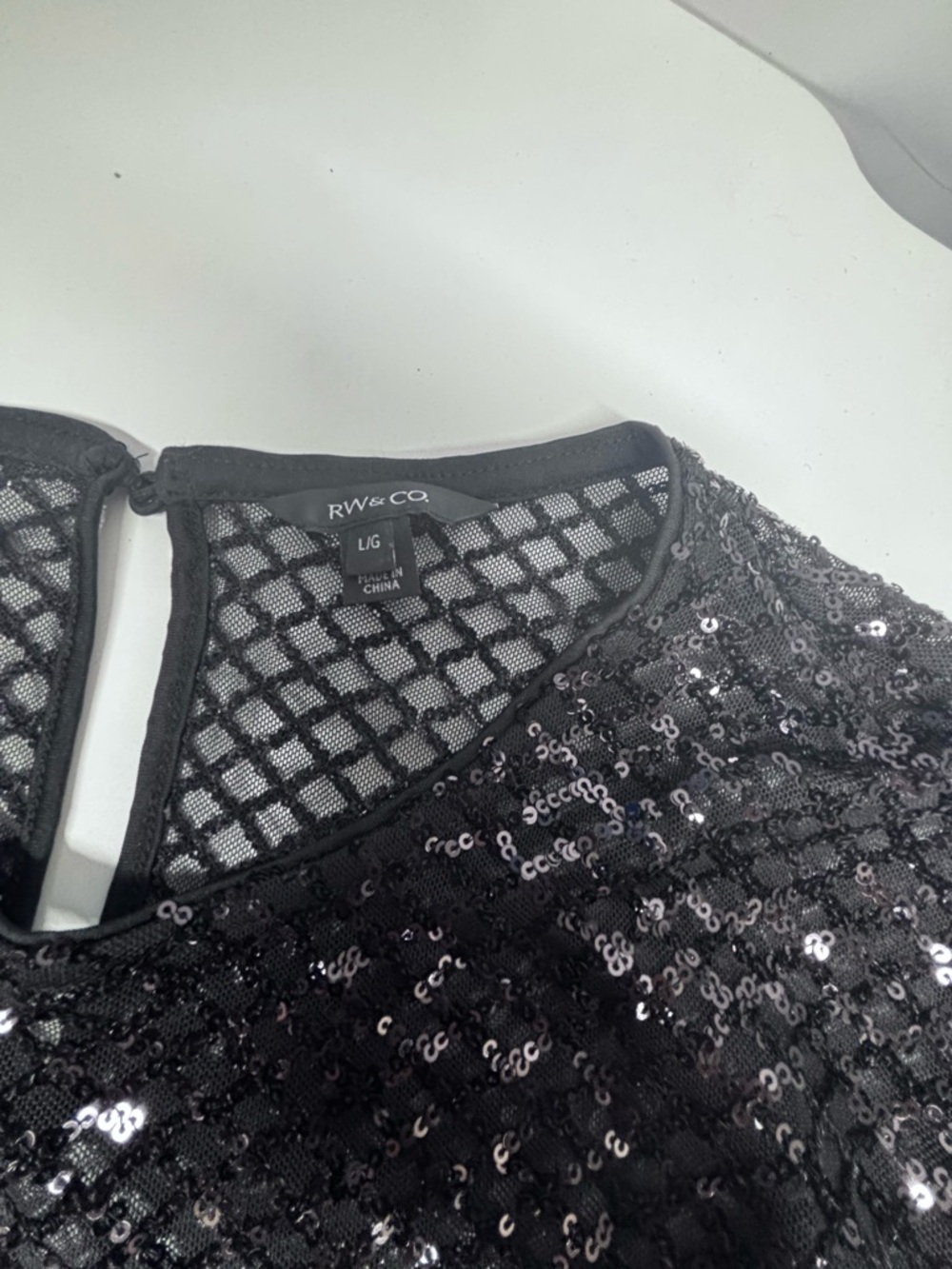 RW&CO Black Sequin Mesh Top - Women's Sheer Party Tee size Large - Picture 5 of 5